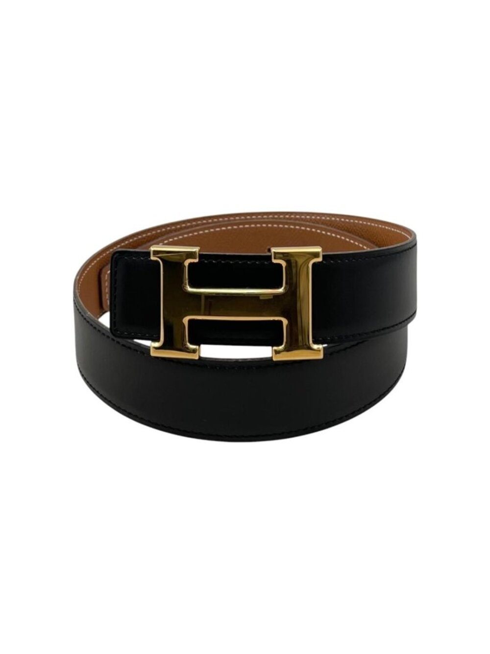 Hermes Belt Constance Leather Logo Black Gold Brown